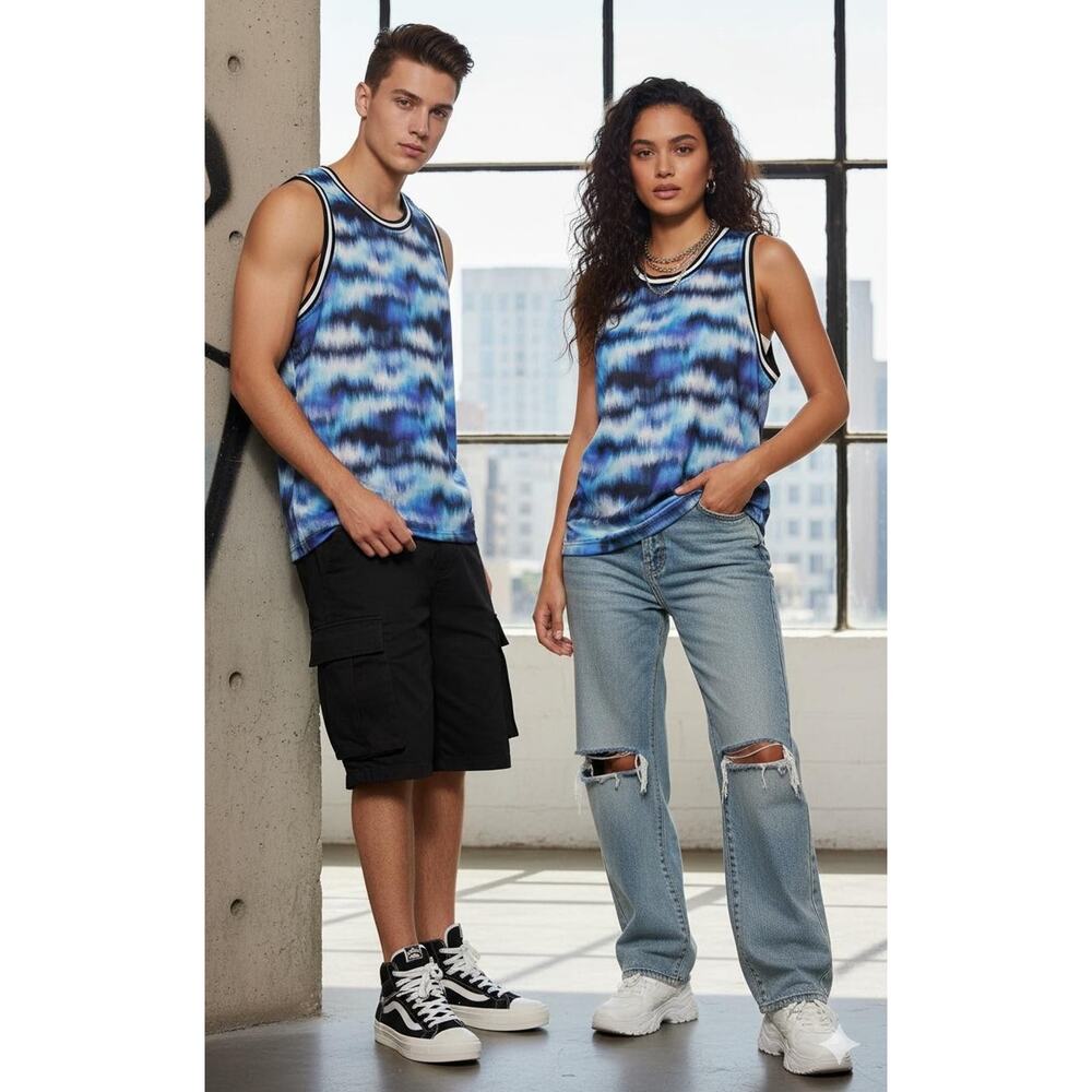 WeSC Basketball Tank Top Unisex Large Men Women Blue Digital Static Print Jersey